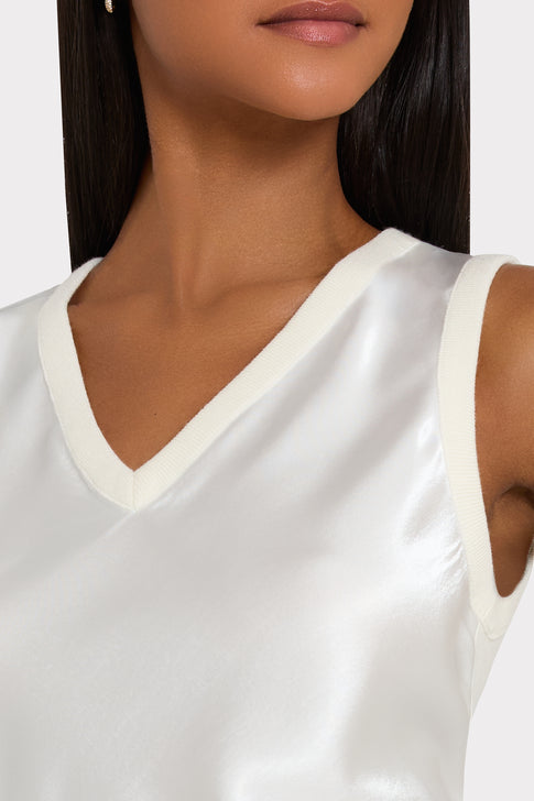 White Satin Knit V-Neck Shell Top - Close-Up Detail | MILLY