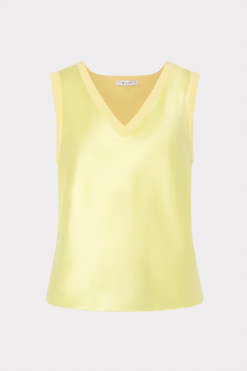 Yellow Satin Knit V-Neck Shell Top - Front View | MILLY