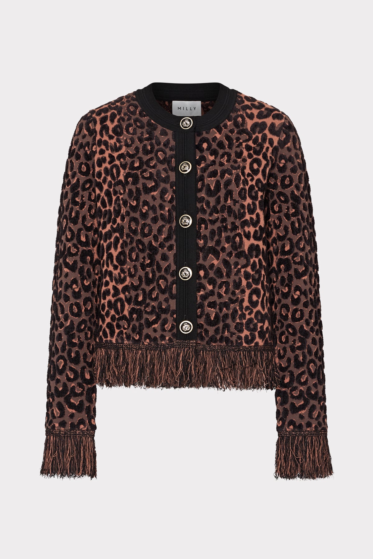 Leopard print cardigan with black trim and fringes on a white background
