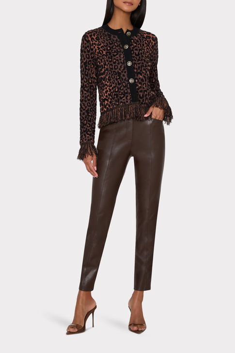 Dark Brown Vegan Leather Pant - On Model, Styled with Leopard Fringe Cardigan | MILLY