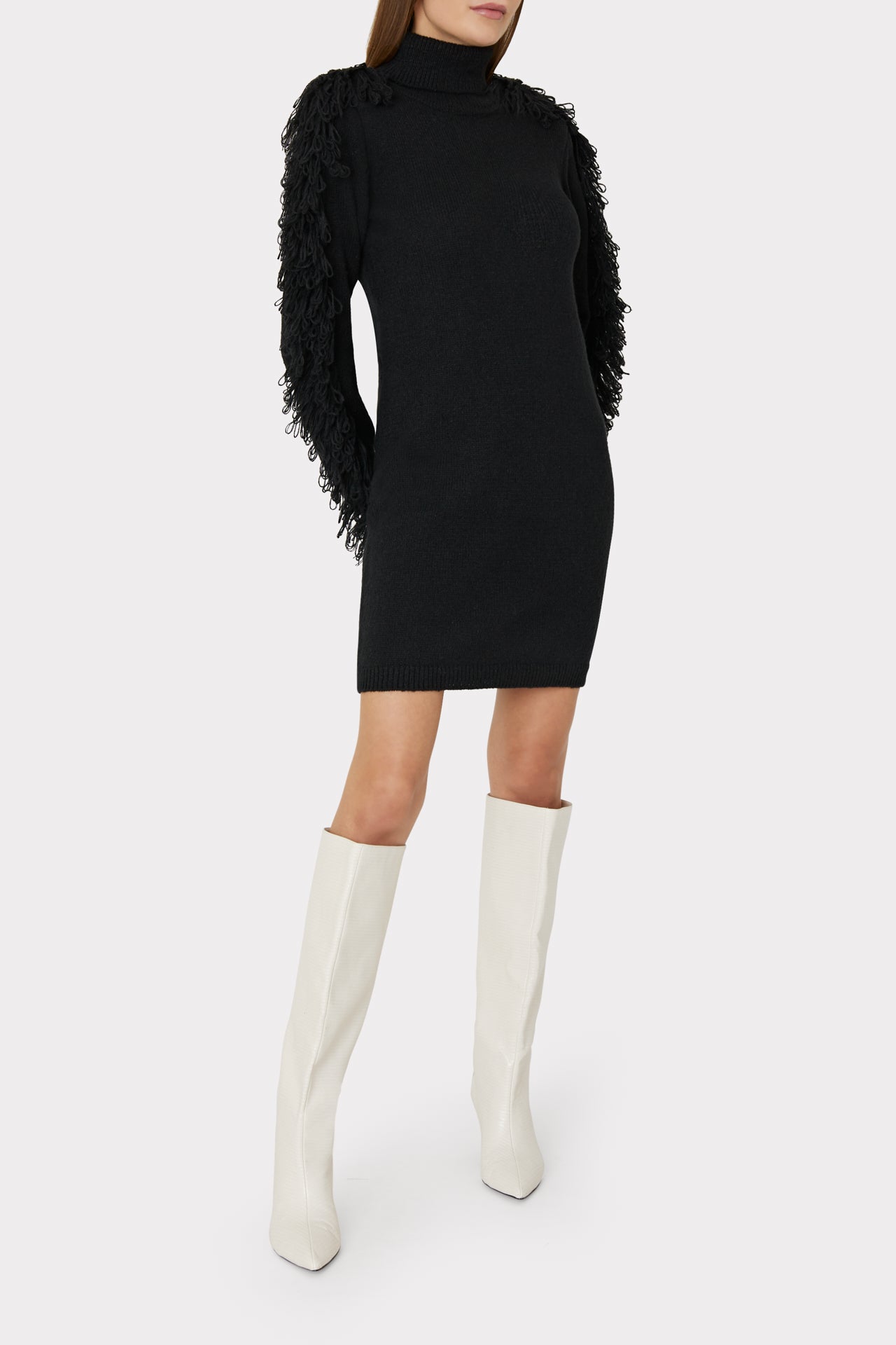 Rowe Fringe Sleeve Turtleneck Mini Dress in Black | MILLY