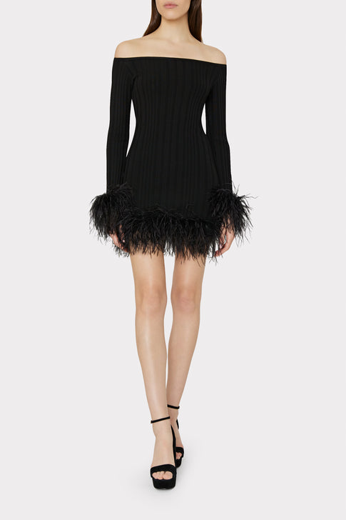 Rosette Feather Trim Mini Dress Black Image 2 of 4