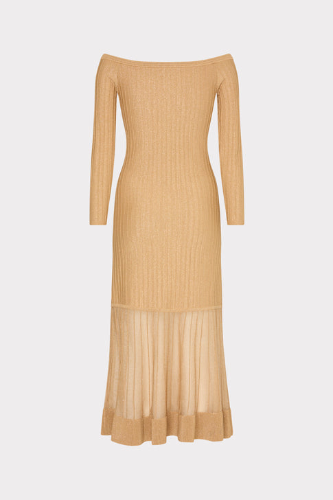 Rudy Off The Shoulder Sheer Knit Midi Dress Gold Image 1 of 5