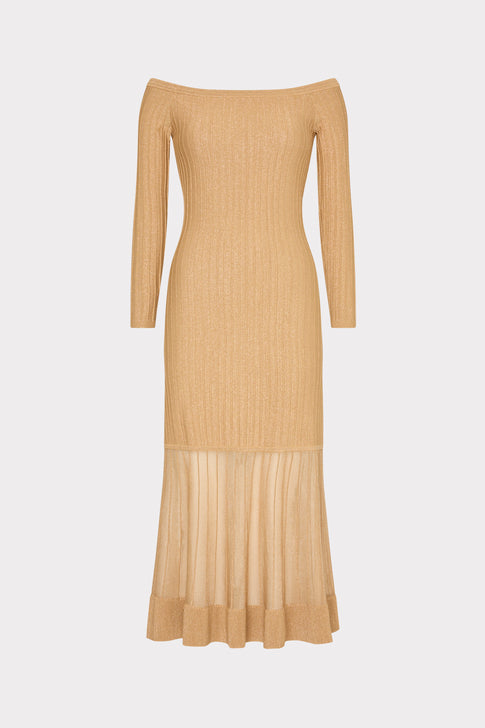 Rudy Off The Shoulder Sheer Knit Midi Dress Gold Image 5 of 5