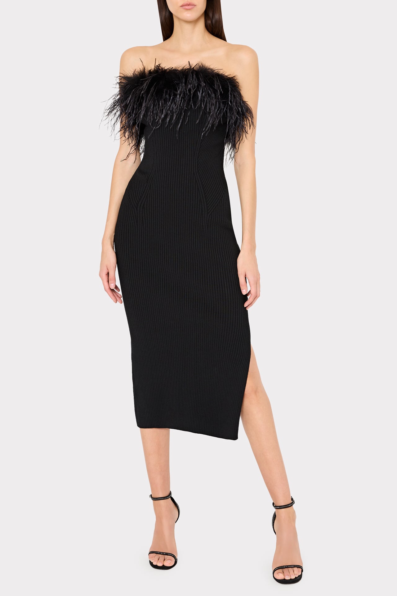 Robena Feather Embellished Midi Dress in Black|MILLY in Black | MILLY Robena Feather Embellished Midi Dress in Black|MILLY in Black | MILLY