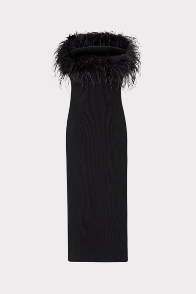 Milly Robena Feather Embellished Ribbed Midi Dress - Black