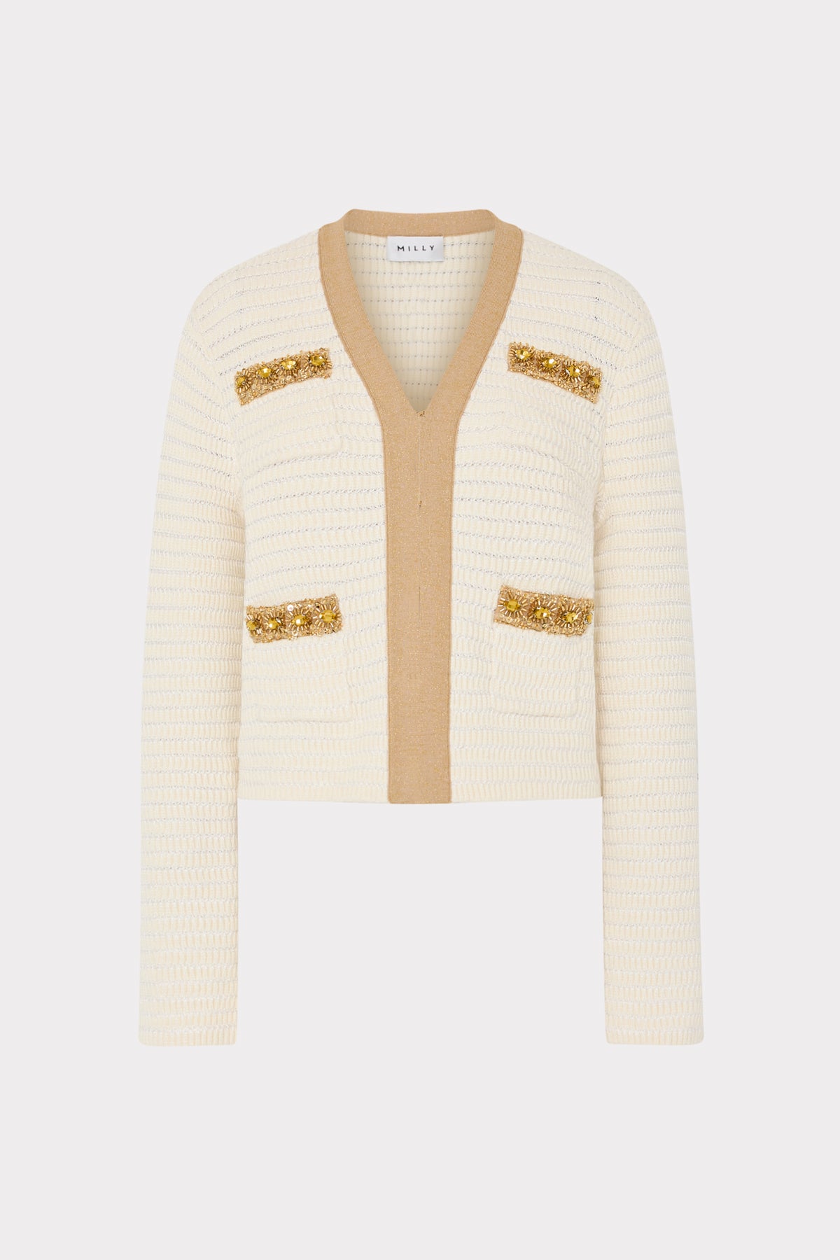 White cardigan with gold embellishments on a white background