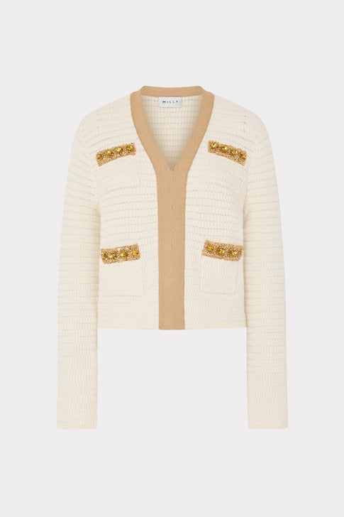 Reid Gold Embellished V-Neck Cardigan Ecru/Gold Image 1 of 6