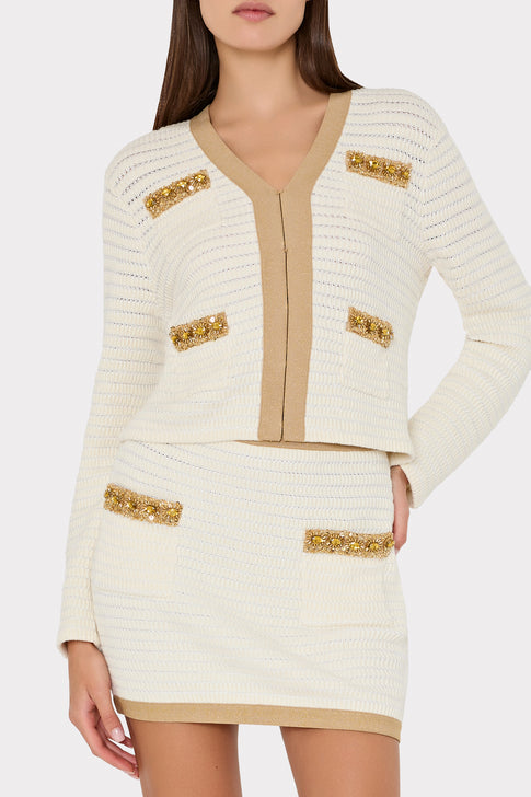 Reid Gold Embellished V-Neck Cardigan Ecru/Gold Image 4 of 6