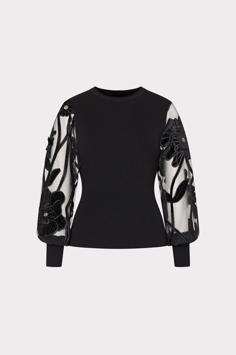 Rosita Velvet Lace Sleeve Crewneck Top Black Image 1 of 4