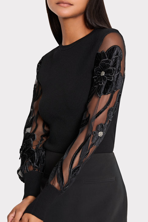 Rosita Velvet Lace Sleeve Crewneck Top Black Image 3 of 4