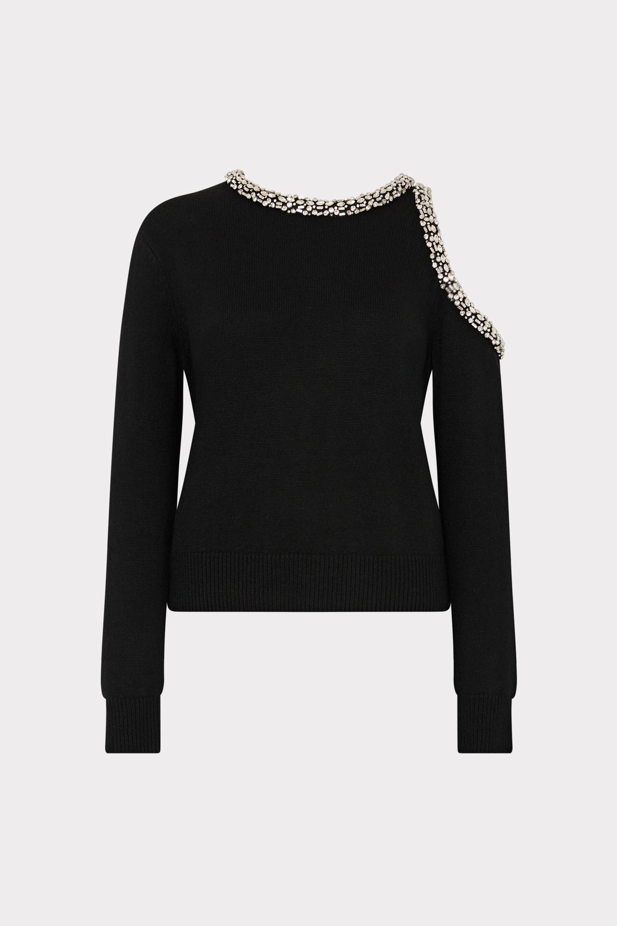 Black sweater with silver embellishments on a white background