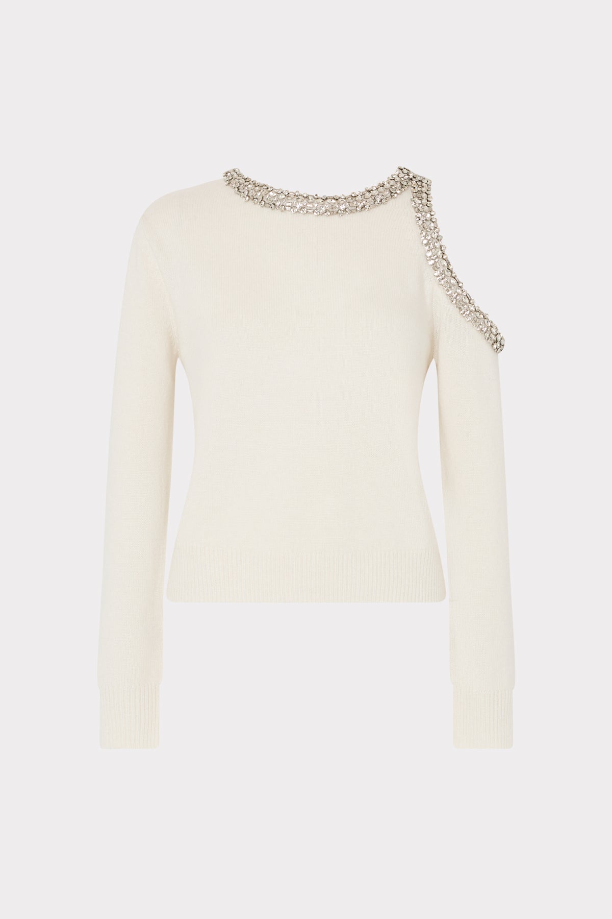 White sweater with embellished shoulder details on a white background