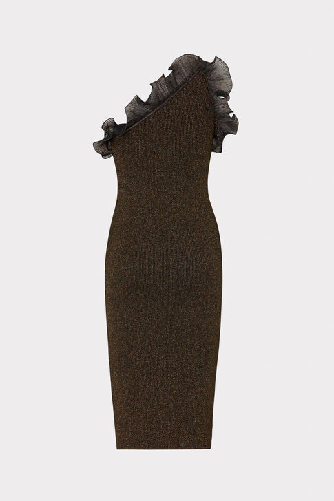 Metallic Scallop Ruffle One Shoulder Dress Gold Image 4 of 4