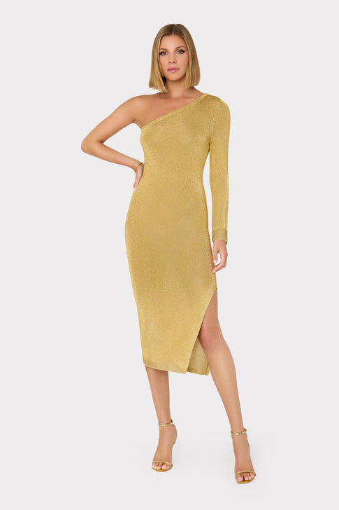 Senna Metallic One Shoulder Midi Dress Gold Image 2 of 4