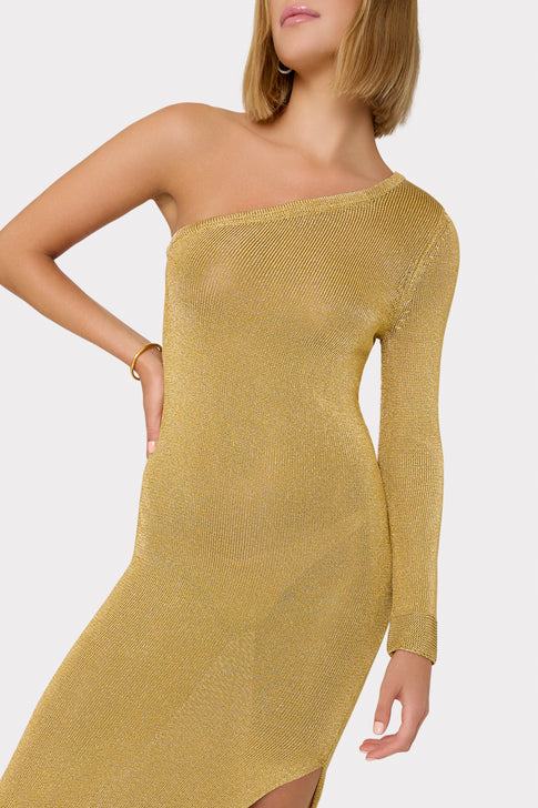 Senna Metallic One Shoulder Midi Dress Gold Image 3 of 4