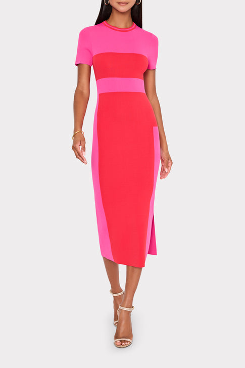 Woman wearing pink and red colorblock knit midi dress - Full Length Look | MILLY