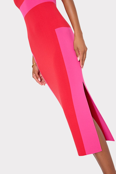 Red and pink knit dress with elegant side slit detail - Close Up | MILLY