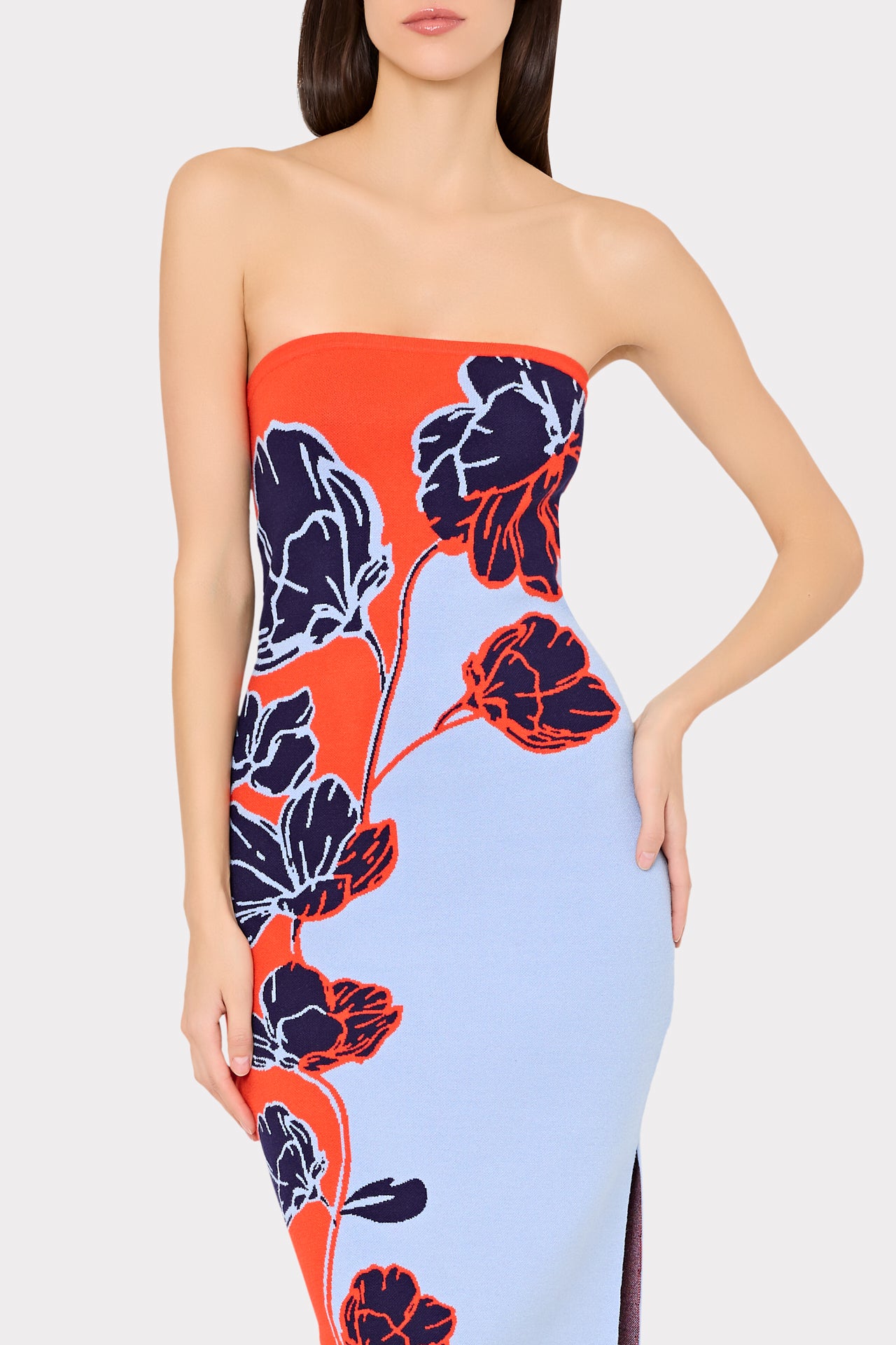 Simone Strapless Split Floral Midi Dress In Multi Simone Strapless Split Floral Midi Dress In Multi