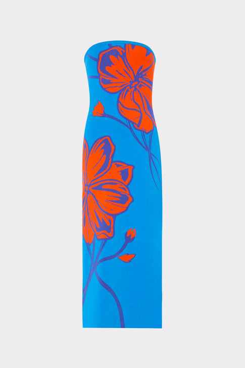 Blue MILLY Seraphina Strapless Floral Midi Dress - Front View | MILLY