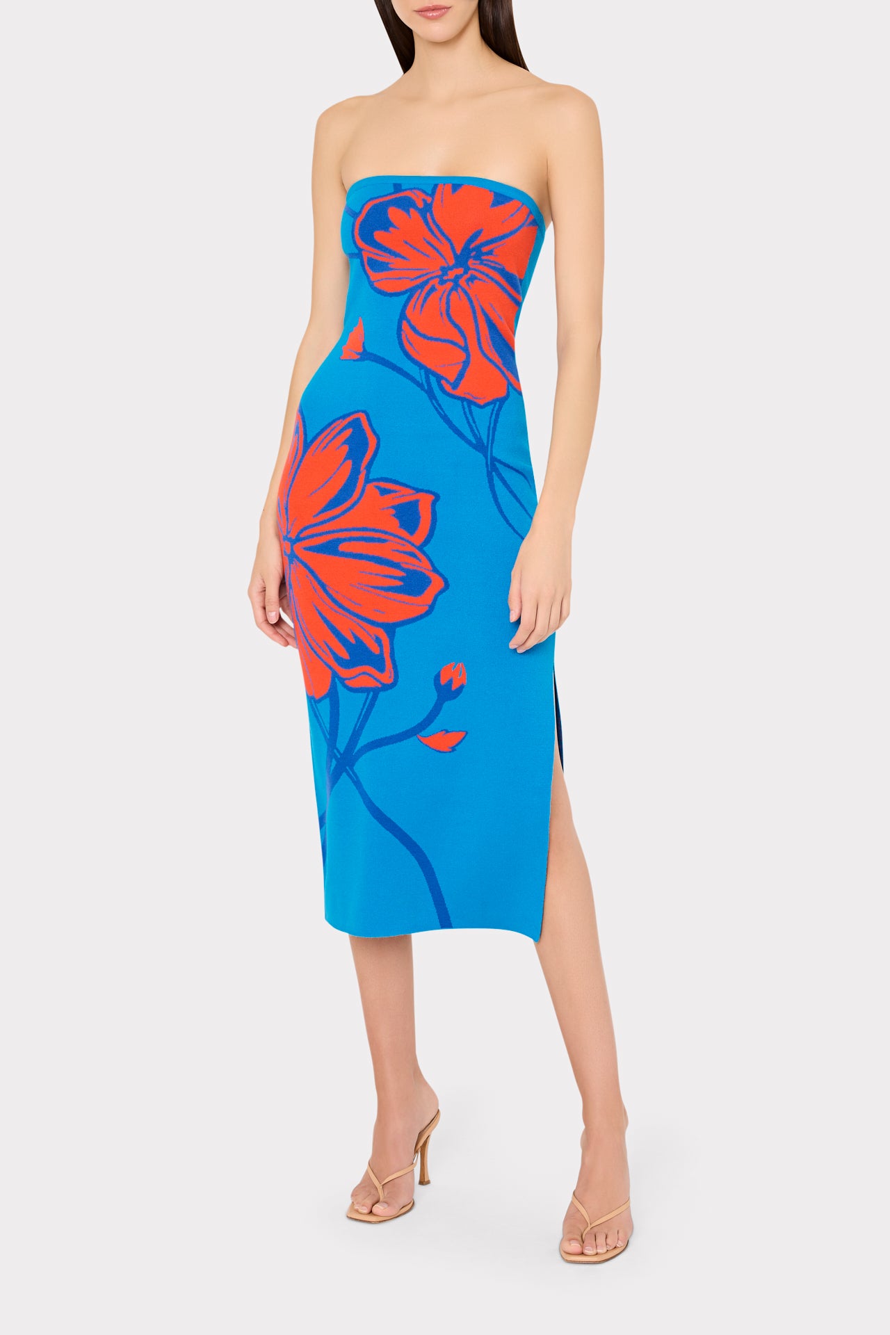 strapless open back dress Light Blue Cotton Poplin Floral Smocked Midi Dress main image 1