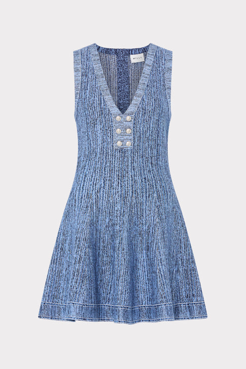 Blue denim dress with button details on a white background