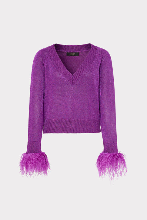 Metallic Feather Cuff V-Neck Sweater