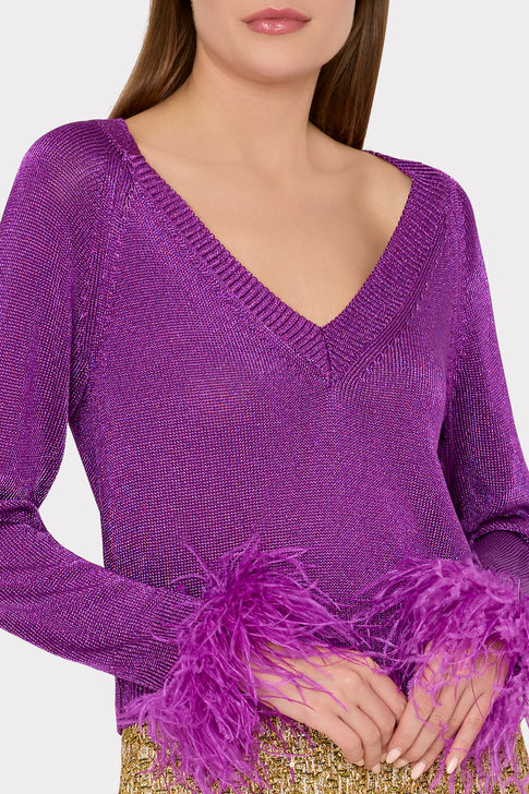 Metallic Feather Cuff V-Neck Sweater Purple Image 3 of 4