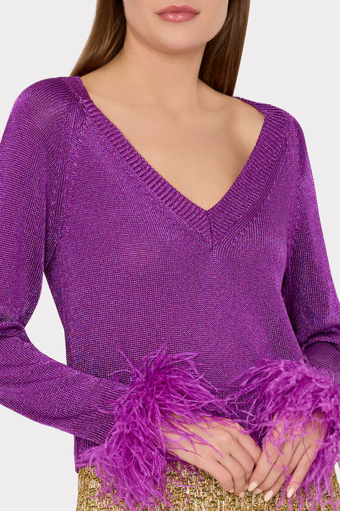 Metallic Feather Cuff V-Neck Sweater