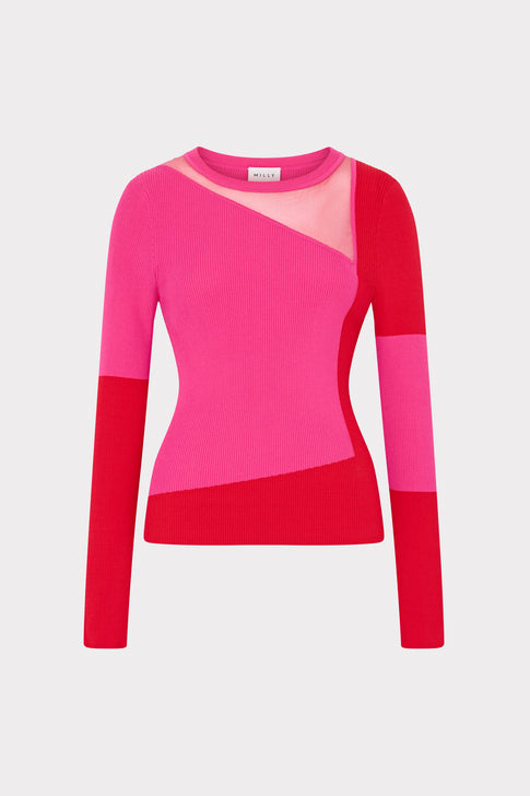 Color-blocked pink and red designer geo graphic knit sweater - Front View | MILLY