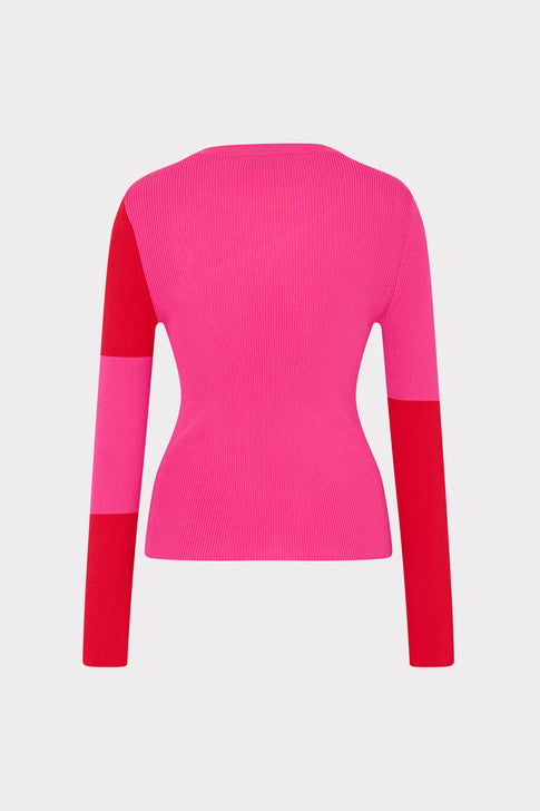 Pink and red designer long-sleeve color block knit top - Back View | MILLY