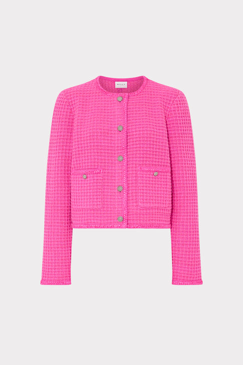 Pink Textured Waffle Knit Sade Crewneck Cardigan Jacket - Front View | MILLY