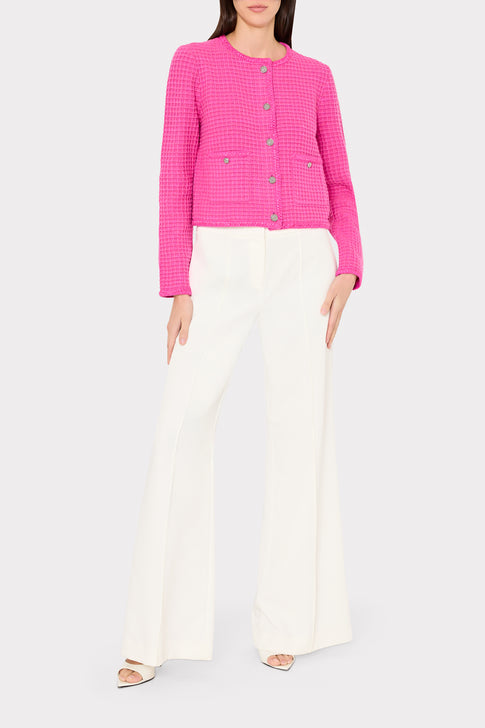 Model wearing Pink Sade Textured Cardigan Jacket with white pants - Full Look | MILLY