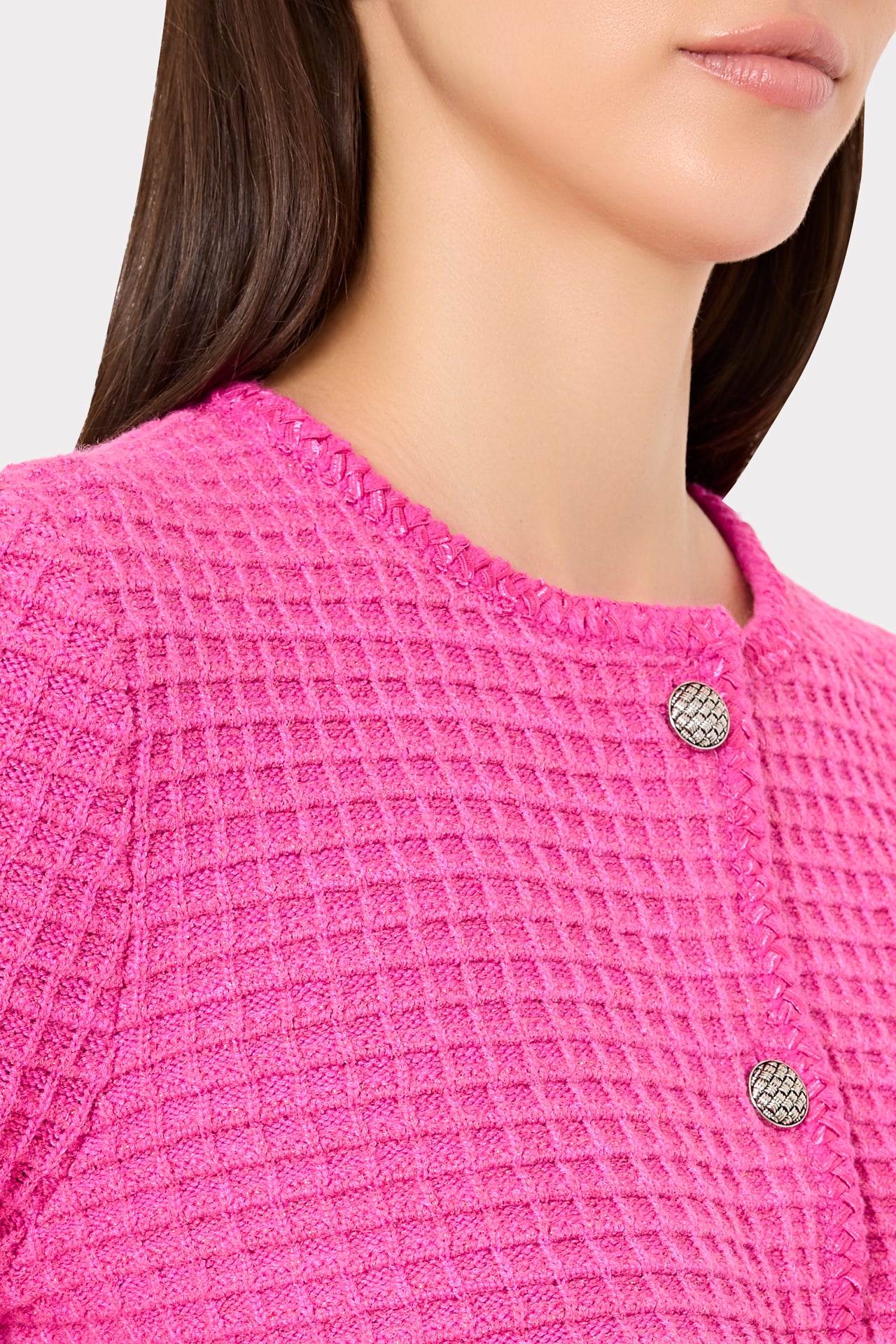 Sade Textured Crew Neck Cardigan Jacket in Pink | MILLY