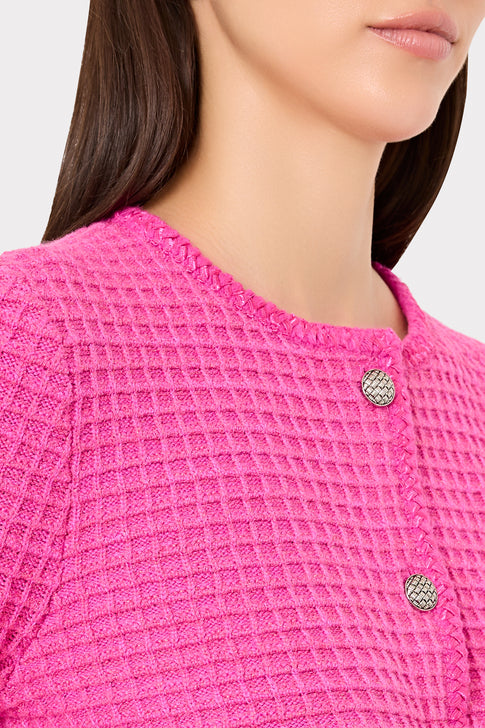Pink Textured Waffle Knit Cardigan with Silver Button Detail - Close-Up | MILLY