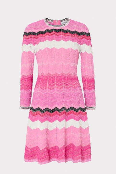 Zig Zag Long Sleeve Flare Dress Pink Multi Image 1 of 4