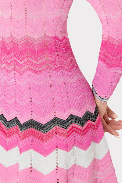 Zig Zag Long Sleeve Flare Dress in Pink Multi | MILLY