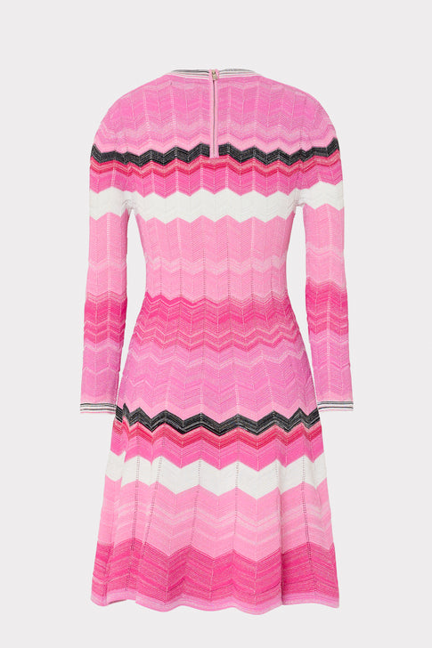 Zig Zag Long Sleeve Flare Dress Pink Multi Image 4 of 4