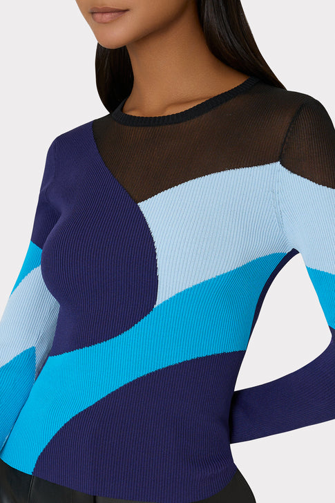 Sheer Graphic Crewneck in Blue Multi | MILLY