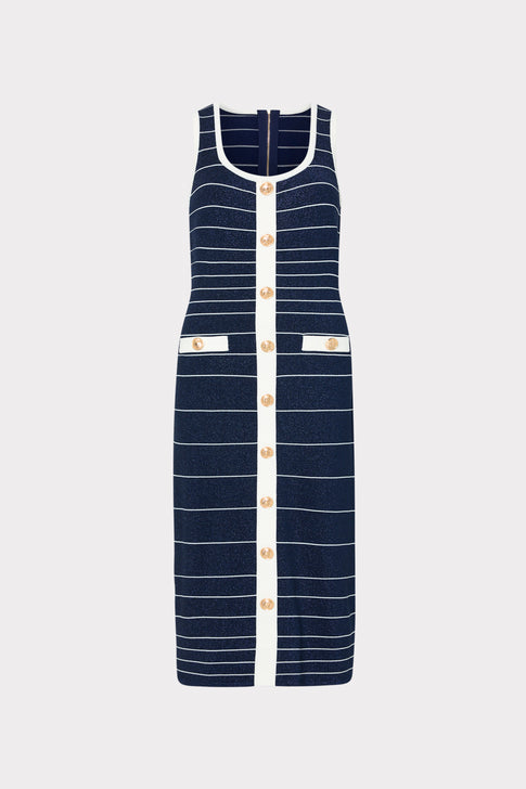 Navy blue and white striped knit midi dress with gold button details - Front View | MILLY