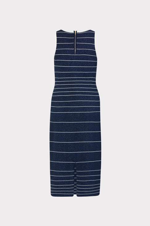 Navy striped Mari midi dress with white trim showing back zipper - Back View | MILLY