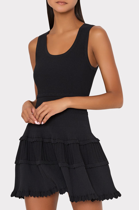 Black Designer Scalloped Mini Dress - Three Quarter View On Model | MILLY