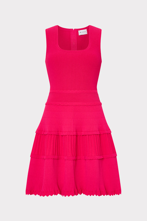 Pink Suri Scallop Mini Dress with tiered knit skirt - Front View | MILLY