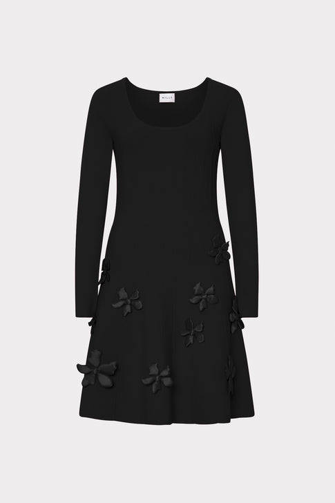 Black Knit Susan Scoop Neck Mini Dress with 3D Floral Appliqués - Front View | MILLY
