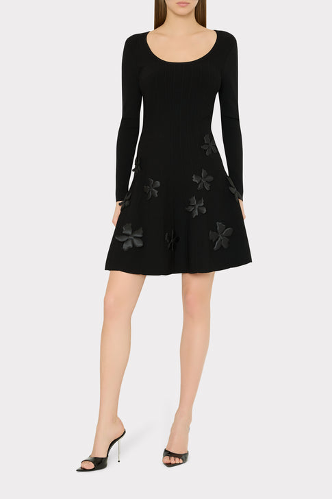 Black Designer Mini Dress with Elegant Floral Appliqués - On Model Full Length | MILLY