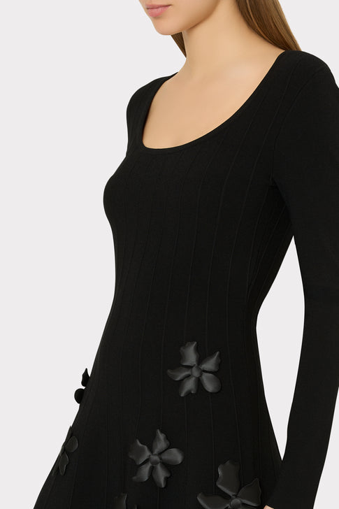 Black Scoop Neck Mini Dress with Unique Floral Details - Side Profile View | MILLY