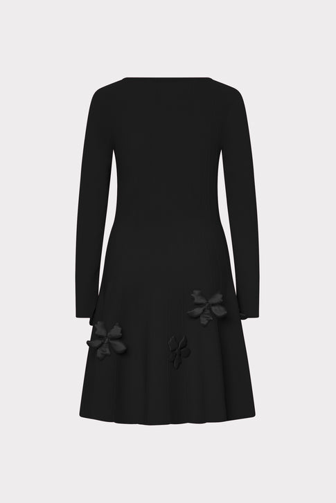 Black Designer Susan Mini Dress with Elegant Flower Appliqués - Back View | MILLY