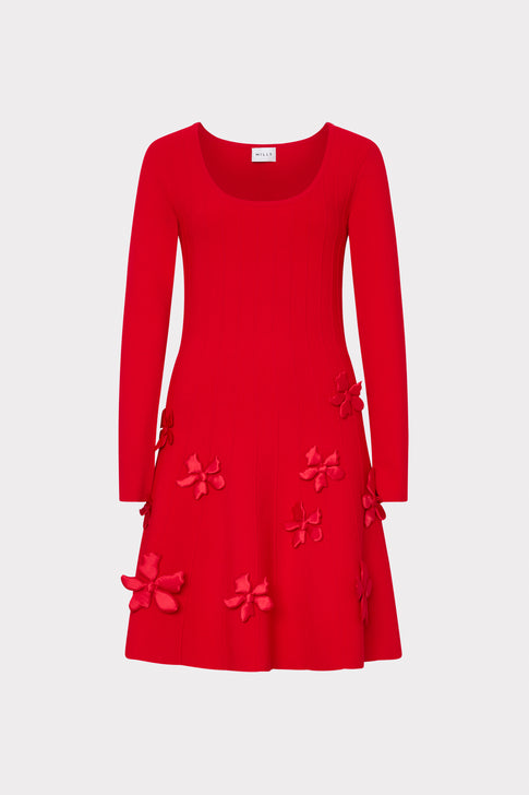 Red Susan Scoop Neck Mini Dress with 3D Floral Embellishments - Front View | MILLY