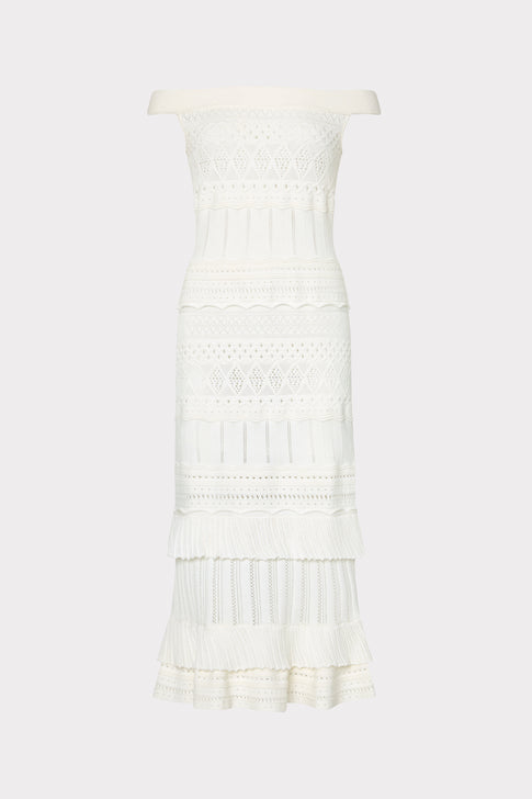 Ecru Pointelle Knit Maven Ruffle Midi Dress - Front View | MILLY