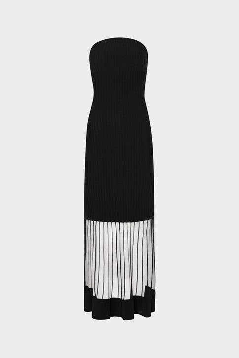 Black Dani Strapless Midi Dress with elegant sheer pleated skirt - Front View | MILLY